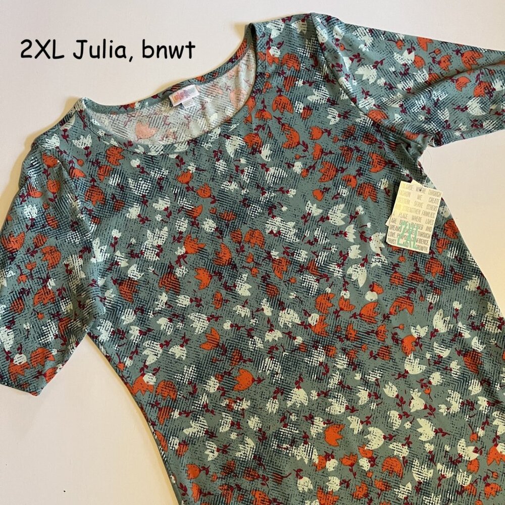 2XL Lularoe Julia sheath dress, green with orange and light green flowers